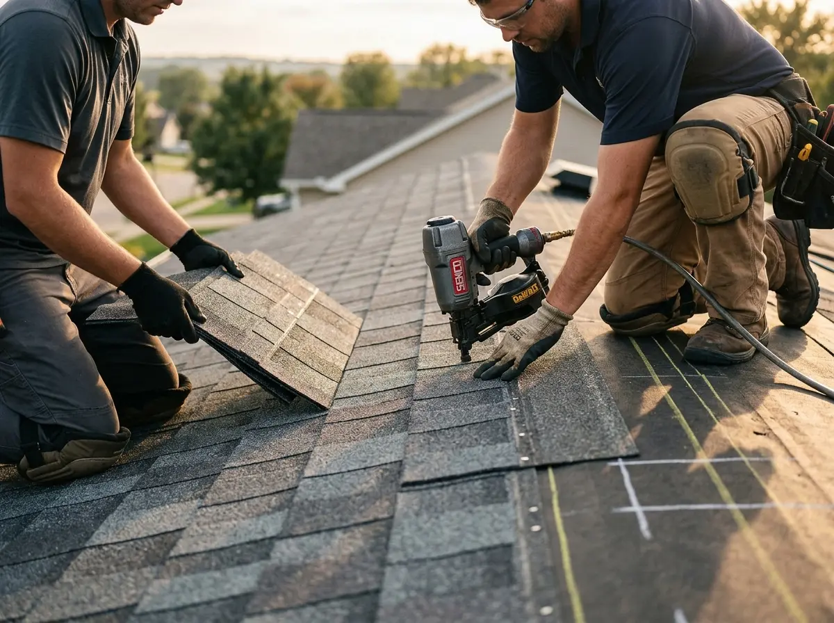 Professional roofer working on a residential roof in Okmulgee